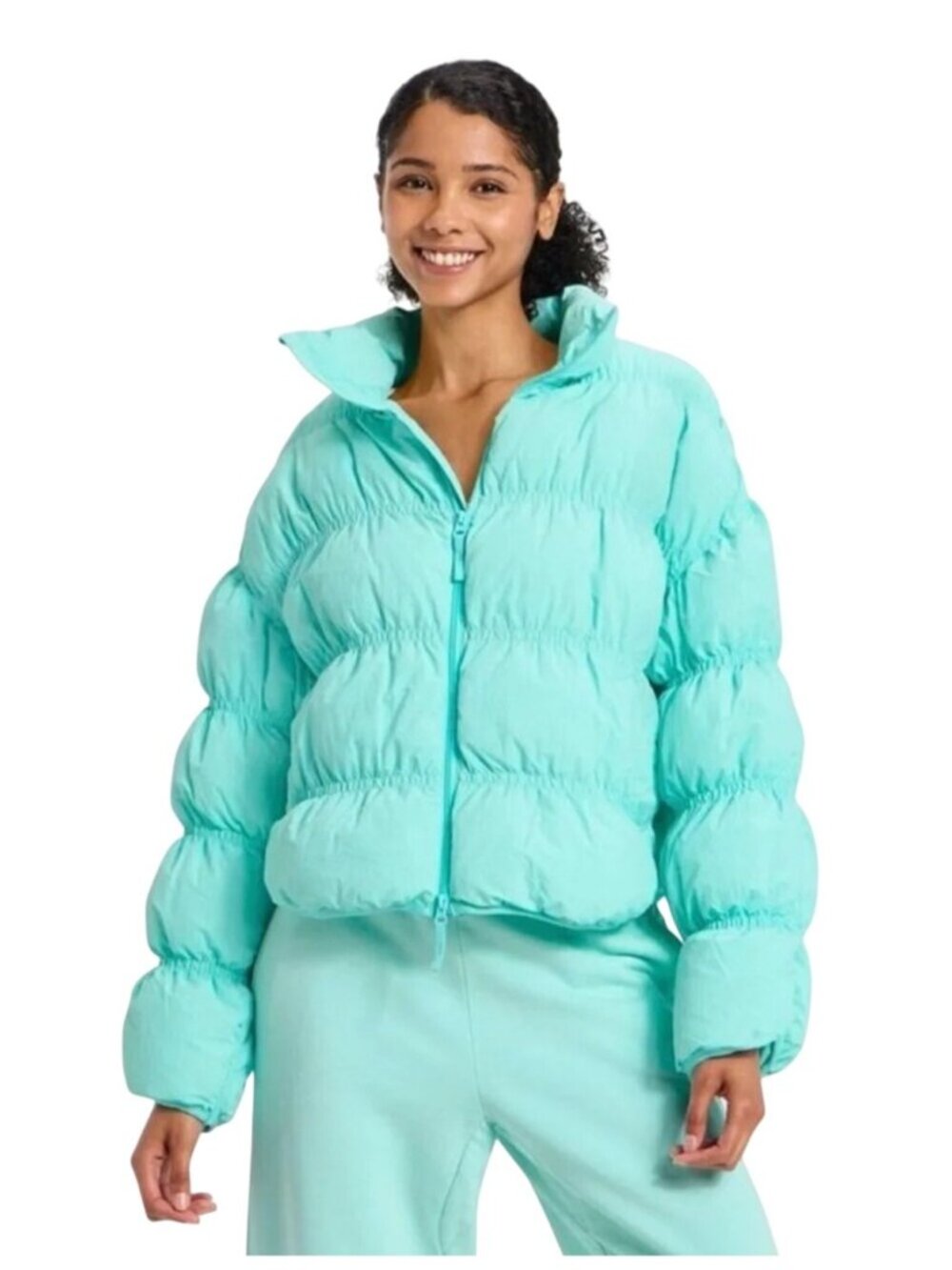 JoyLab Aqua Blue Puffer Jacket XL Loose Fit Recycled Materials Side Pockets